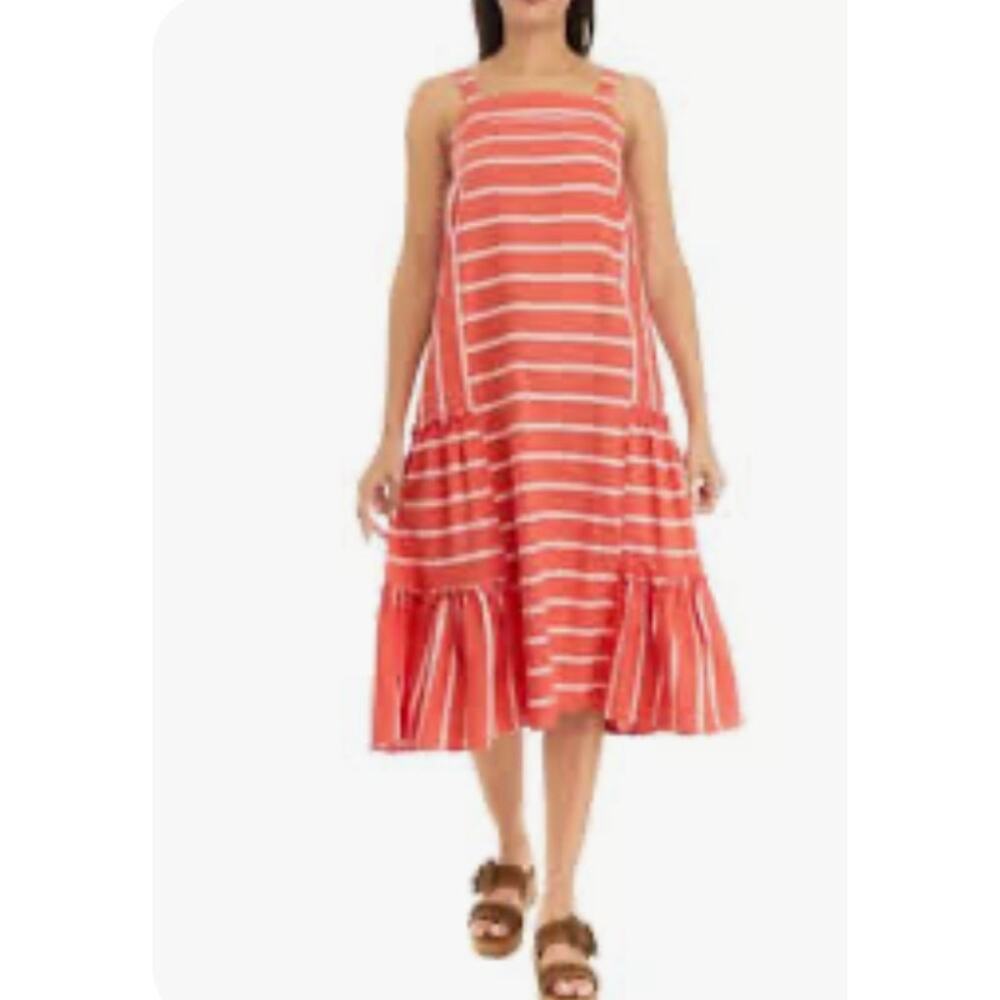 NEW SINGLE THREAD L Linen Blend Coral Pink/White Striped Sleeveless Womens Dress